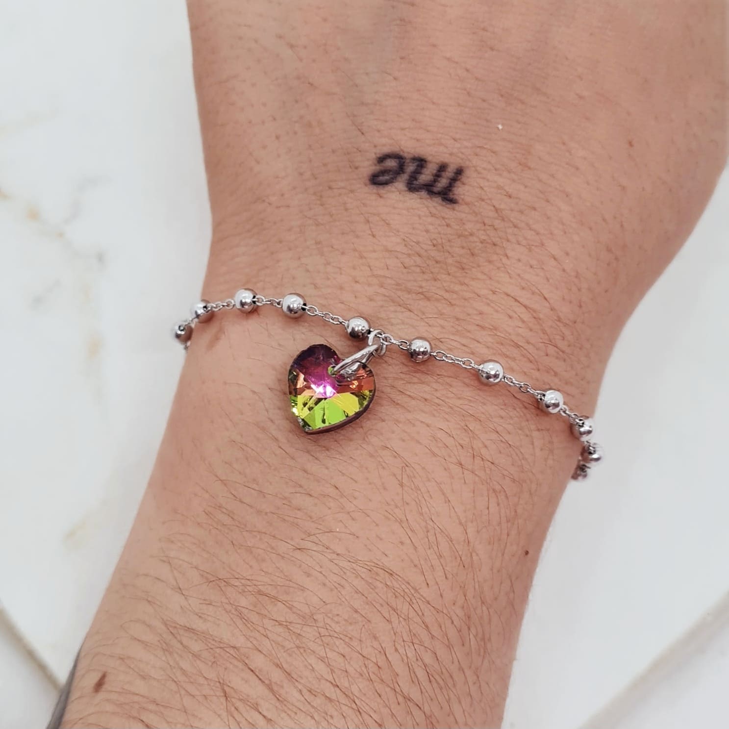 Imagen de producto PULSERA CON BOLITAS Y CRISTAL CORAZON CHICO - TORNASOL OSCURO