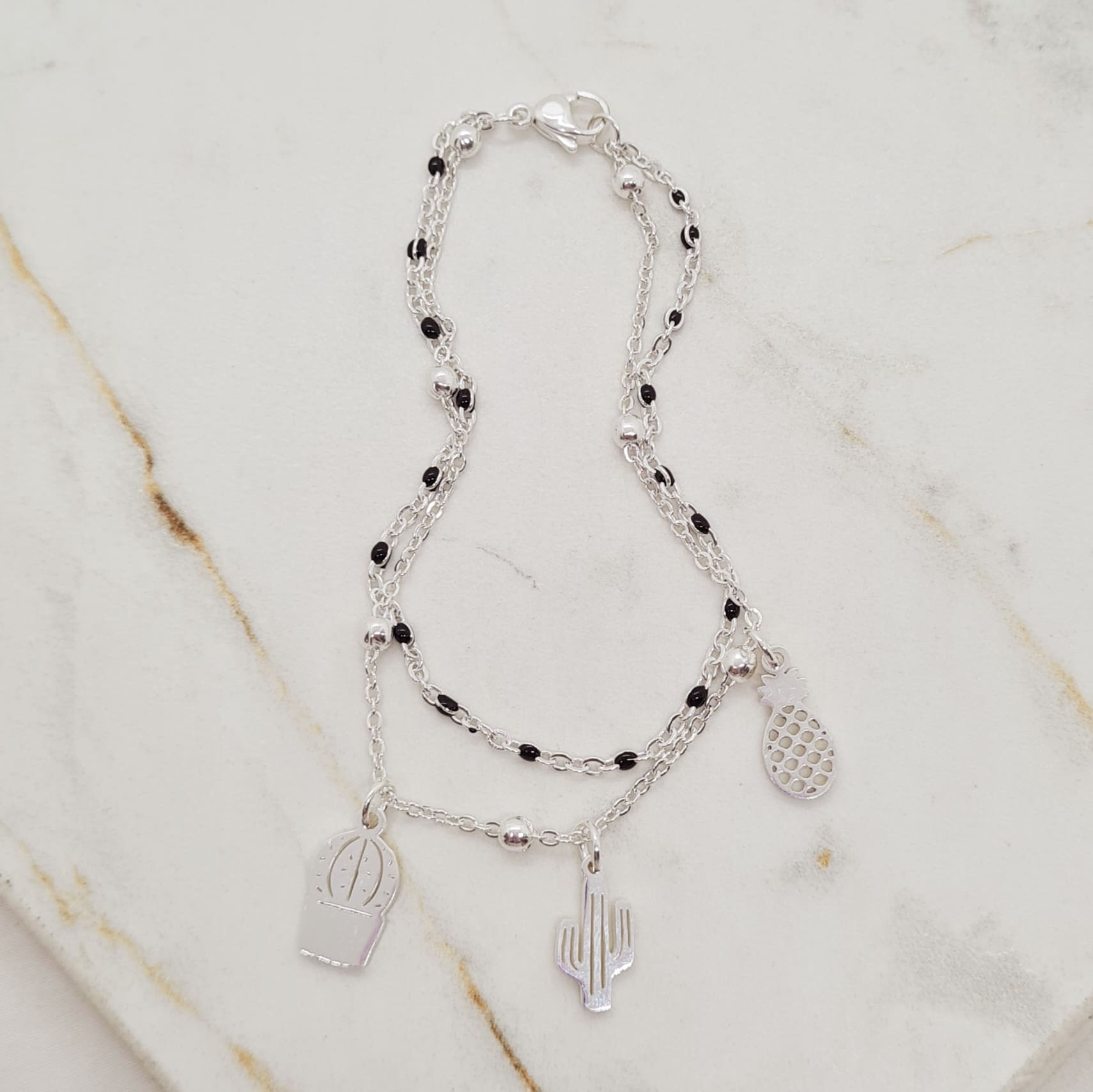 Imagen de producto PULSERA ACERO BLANCO DOBLE CADENA CON BOLITAS NEGRAS - CACTUS